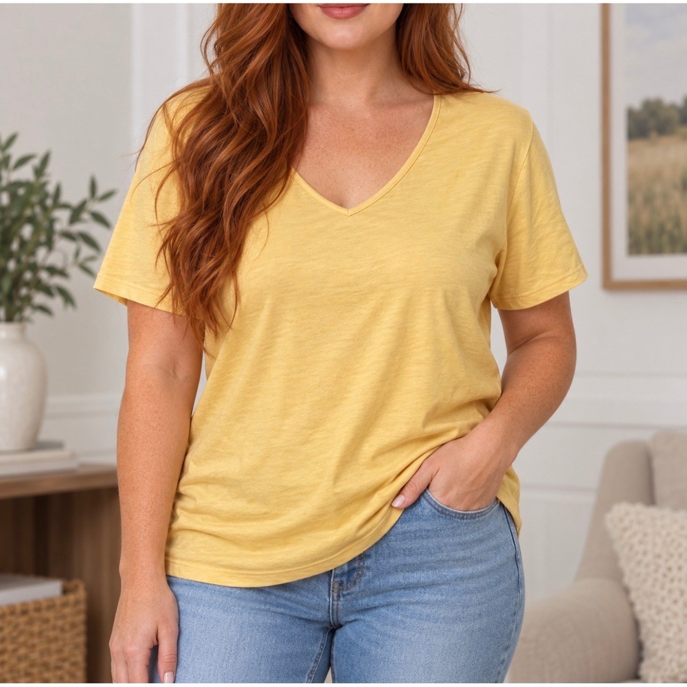 Unbranded V-Neck T-Shirt XL Yellow Good Casual Slub Short Sleeve Tee